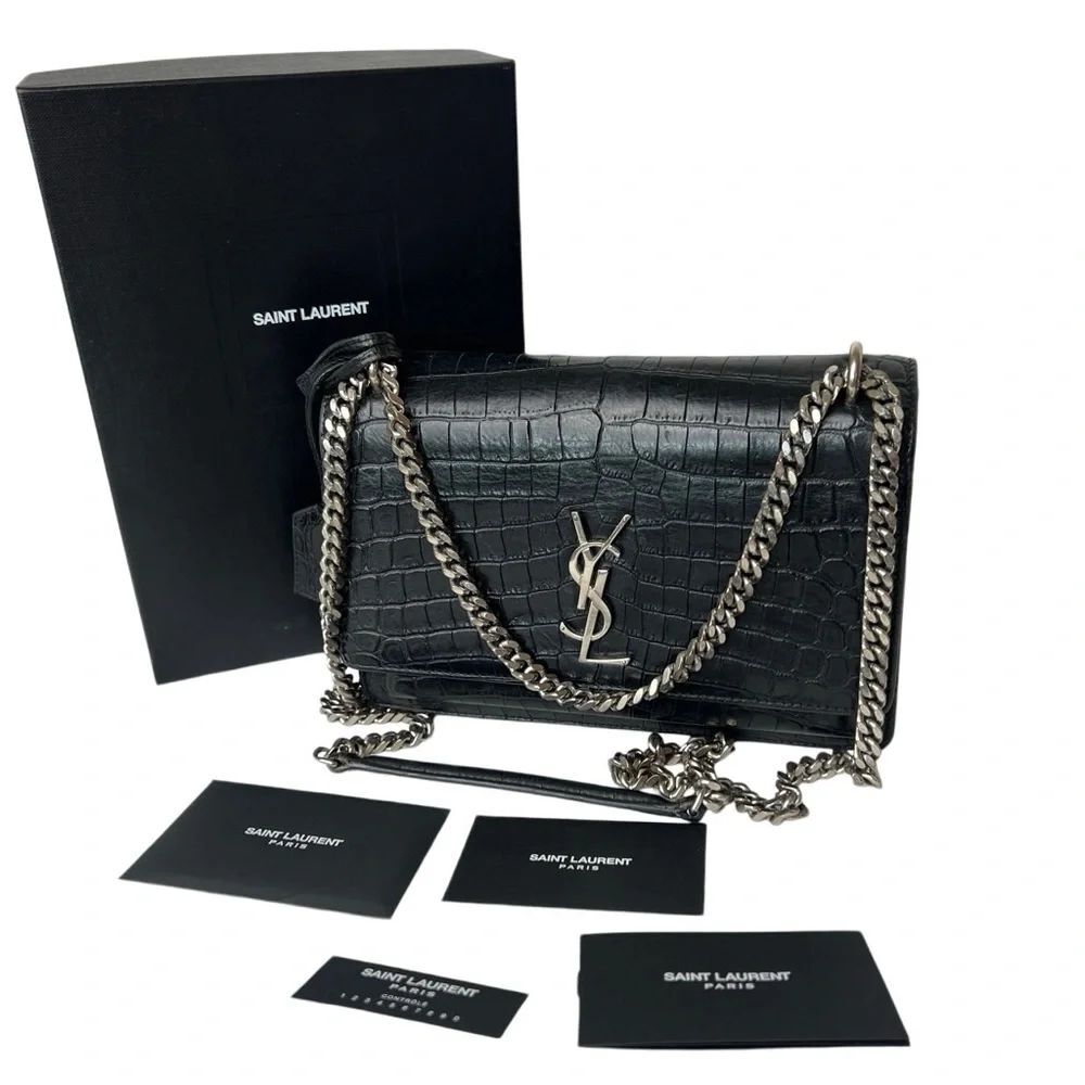 Authentic Saint Laurent Sunset Croc-Embossed Black Leather Crossbody Bag